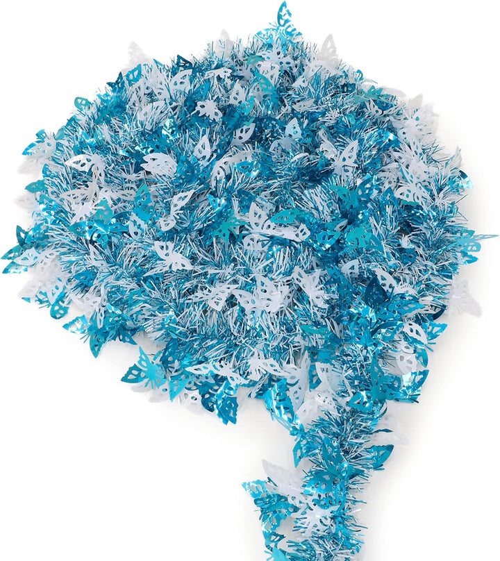 Christmas Concepts® 3m Blau & Weiss Lametta mit Schmetterlingen - Weihnachtsschmuck Blau & Weiss mit