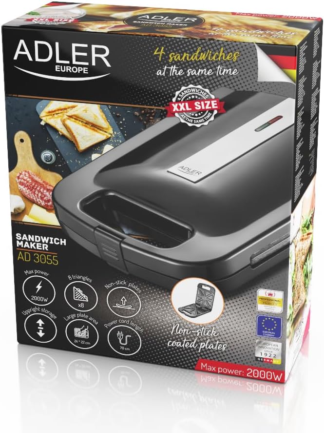 Adler AD 3055 Sandwichmaker XXL, 2000 W, Sandwichtoaster mit feuerfestem Griff, Toaster für 4 Sandwi
