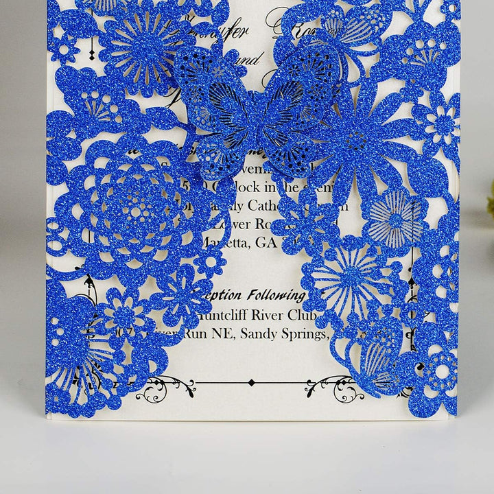 Hosmsua 20x Blau Glitzer Laserschnitt Spitze Flora Hochzeit Einladungskarten mit Schmetterling und U
