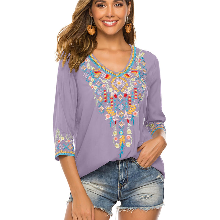 Bluse Stickerei Damen Boho Bestickte Oberteile Tunika Folklore Hippie Blusen Blumenmuster Oberteil K