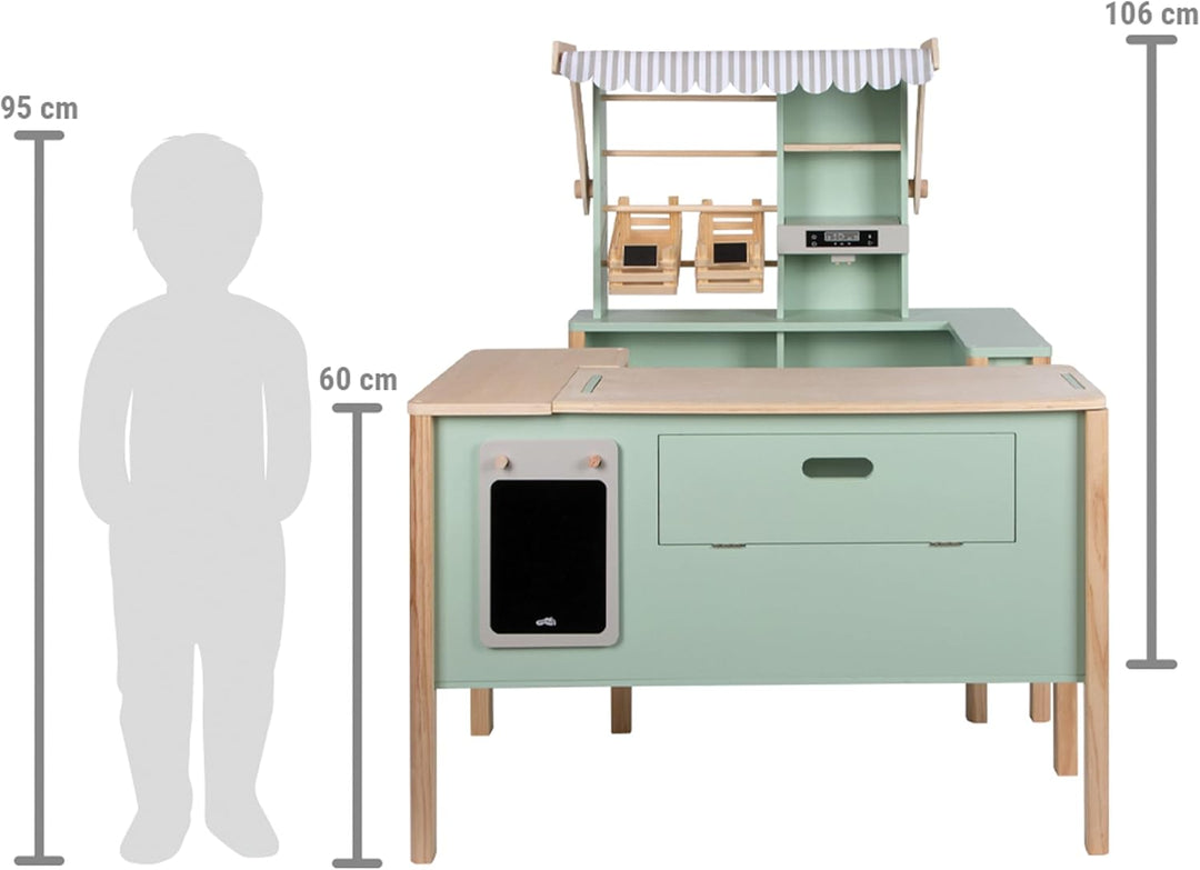 Small Foot Kaufladen und Kinderküche Salbeigrün „Fresh“ aus Holz mit Zubehör, Spielküche & Marktstan