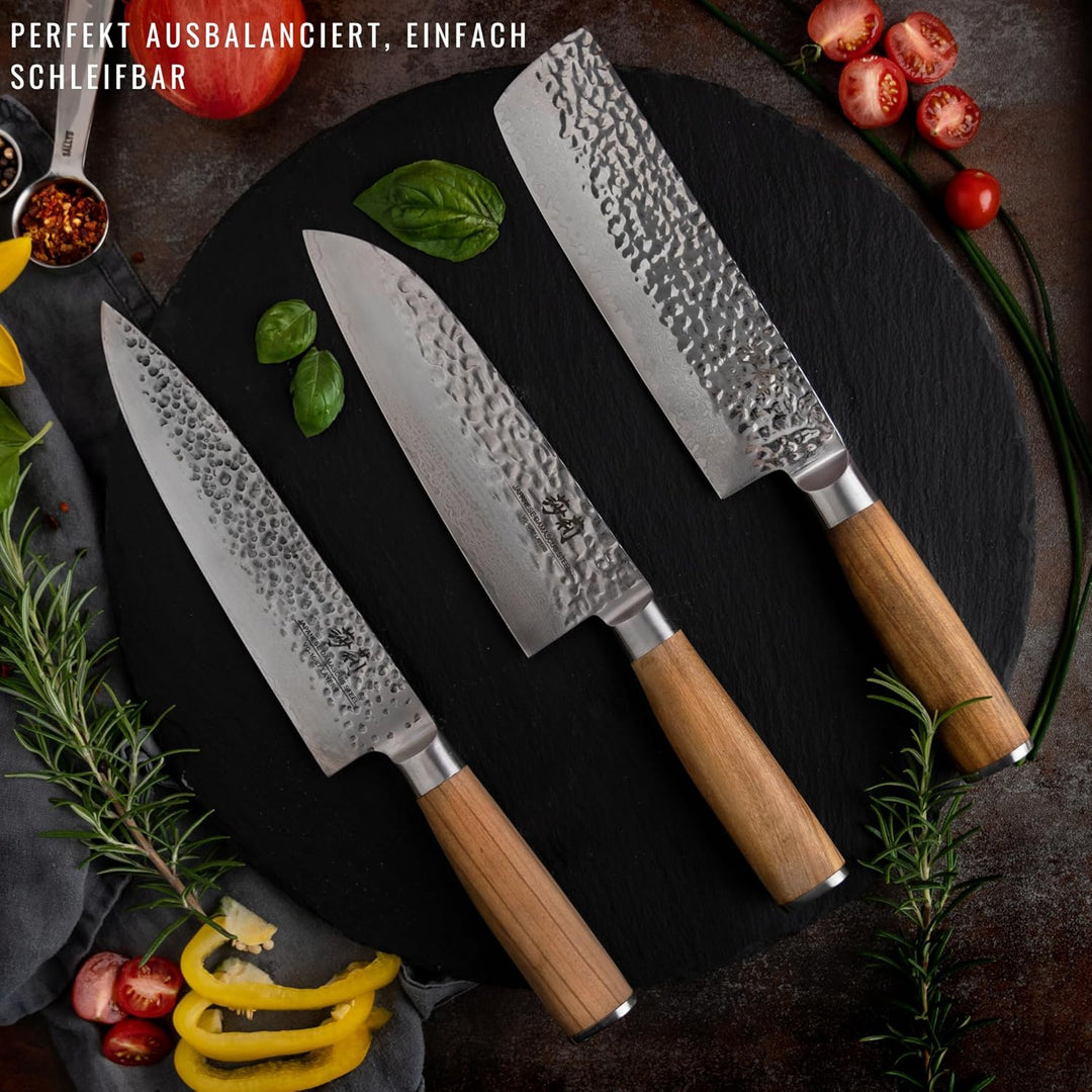 Sallys Santoku Messer- aus rostfreiem Damaszener-Stahl - Griff aus hochwertigem Olivenholz, inkl. ed