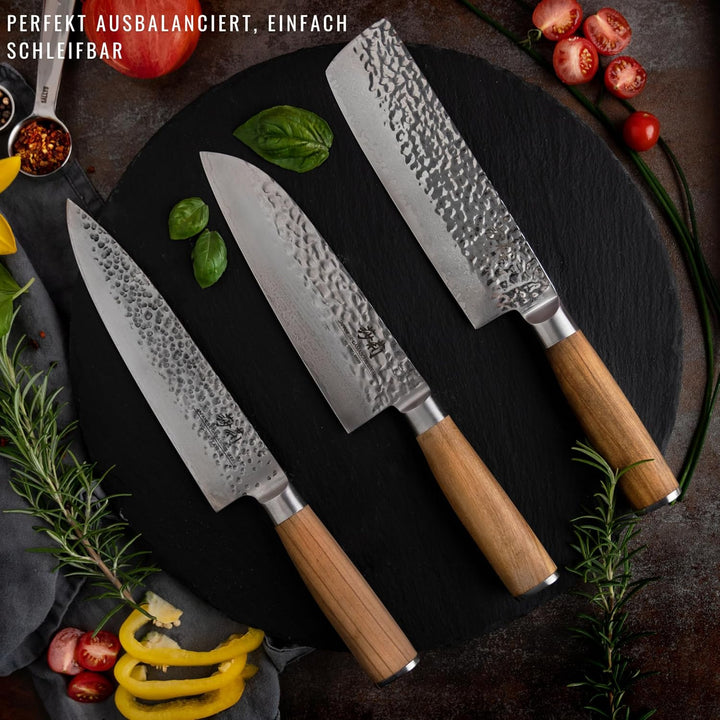 Sallys Santoku Messer- aus rostfreiem Damaszener-Stahl - Griff aus hochwertigem Olivenholz, inkl. ed