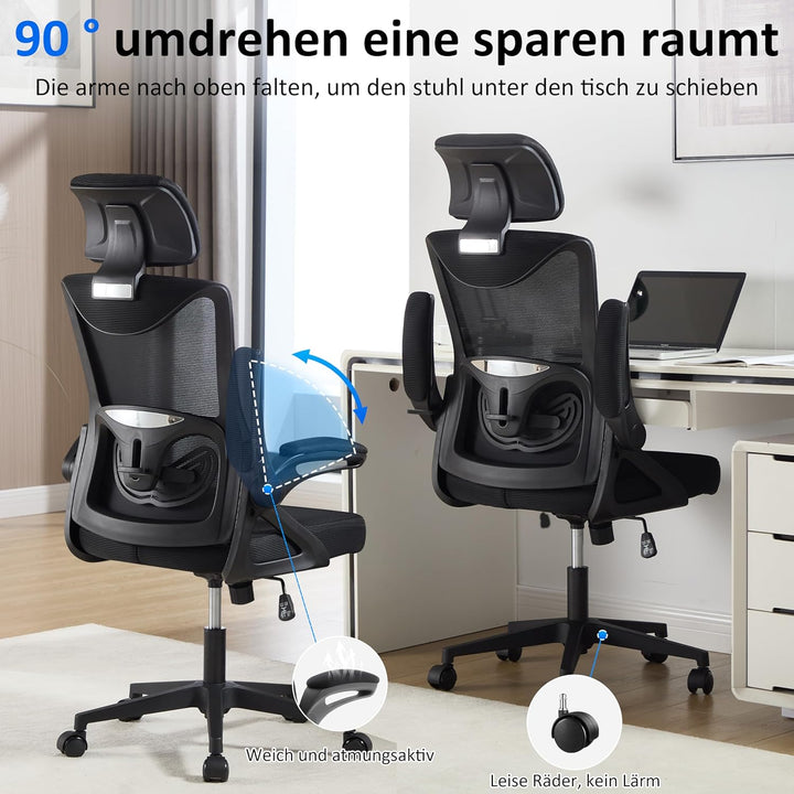 Fizzin Ergonomischer Gaming Bürostuhl Schwarz Schreibtischstuhl mit Verstellbarer Lendenstütze und K