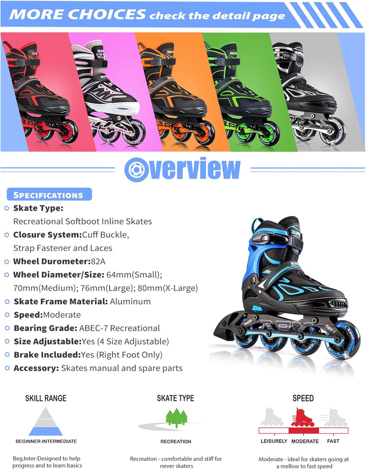 2PM SPORTS Verstellbar Inliner für Kinder, Leucht Inline Skates Rollschuhe für Damen/Herren Blau X-L