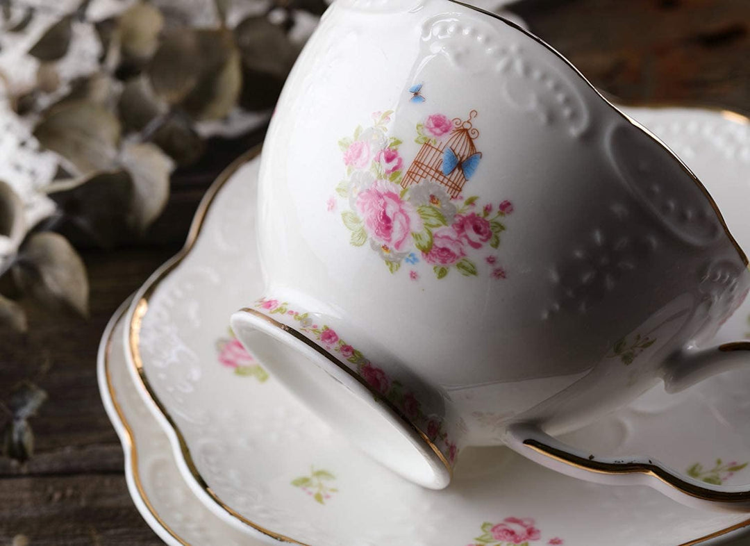 YBK Tech Strength Porzellan-Kaffeekanne, Keramik-Teekanne, rosa Rose (Teekanne + 2 Sets Tassen und U
