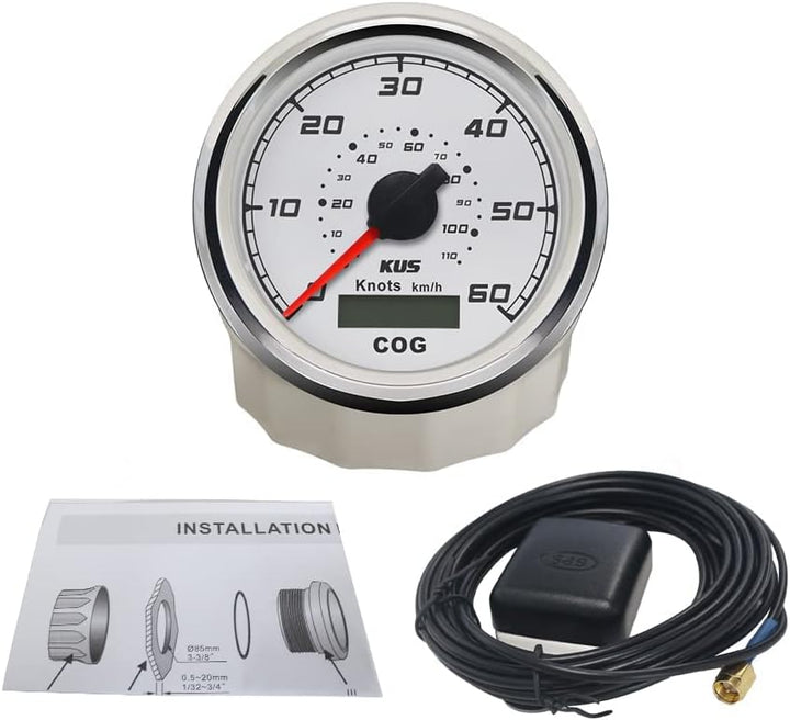 KUS GPS Tacho Kilometerzähler Gauge 60 Knoten für Boot Yacht 85mm 12V/24V (weiss), weiss