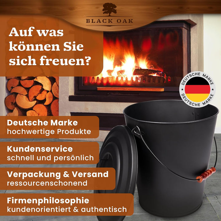 BLACK OAK Ascheeimer Santorini 25L – schwarz mit Deckel - XXL extra gross 25 Liter - Stahl feuerfest