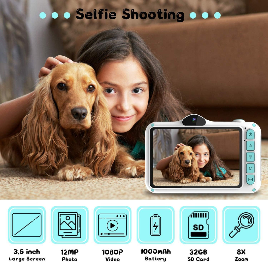 Kinderkamera,3,5-Zoll Grossbildschirm,Digitalkamera Kinder Fotoapparat mit 32GB-Karte,1080P HD 12MP,