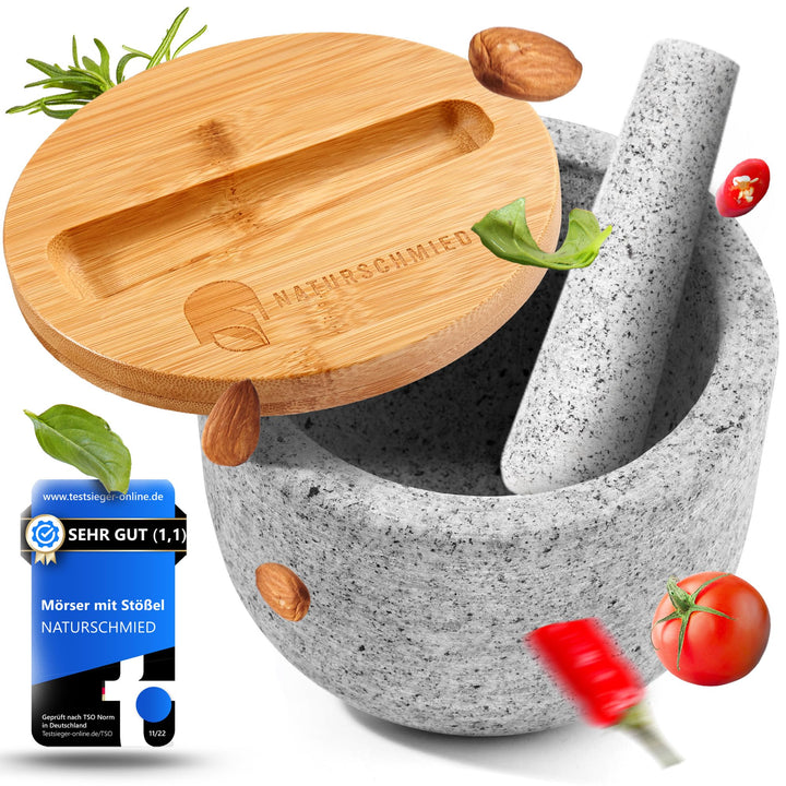NATURSCHMIED Mörser mit Stössel & Deckel - AirProof 2.0 Verschluss + SolidStand Pad | 750 ml - Hellg