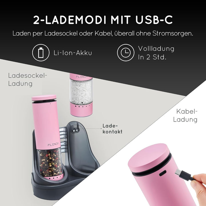 Flendy Salz und Pfeffermühle Elektrisch 2er Set, Elektrische Salz und Pfeffermühle Set mit USB-C Lad