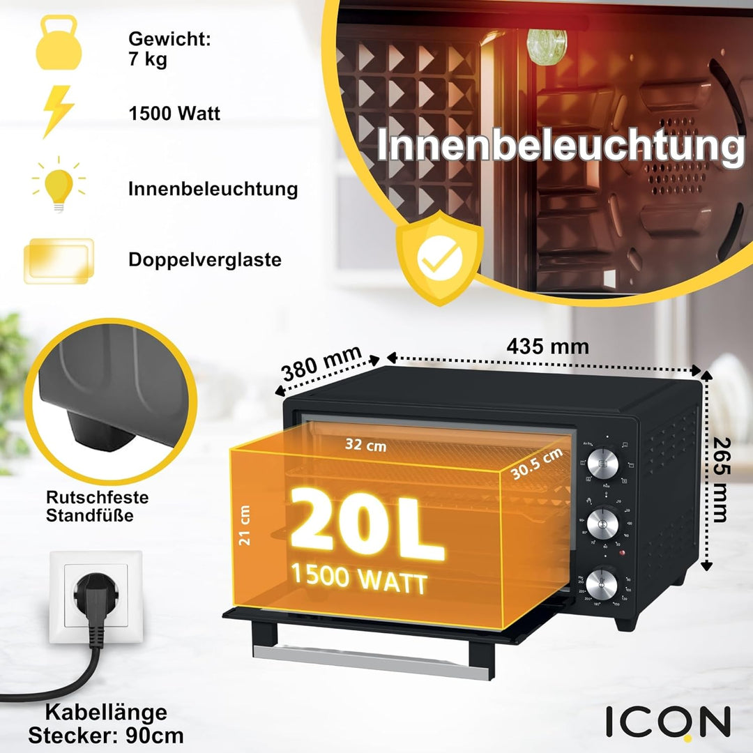 ICQN Minibackofen 20L, Pizza-Backofen, Ober-/Unterhitze mit Umluft-Funktion, 5 Grill-Funktion, 90 Mi