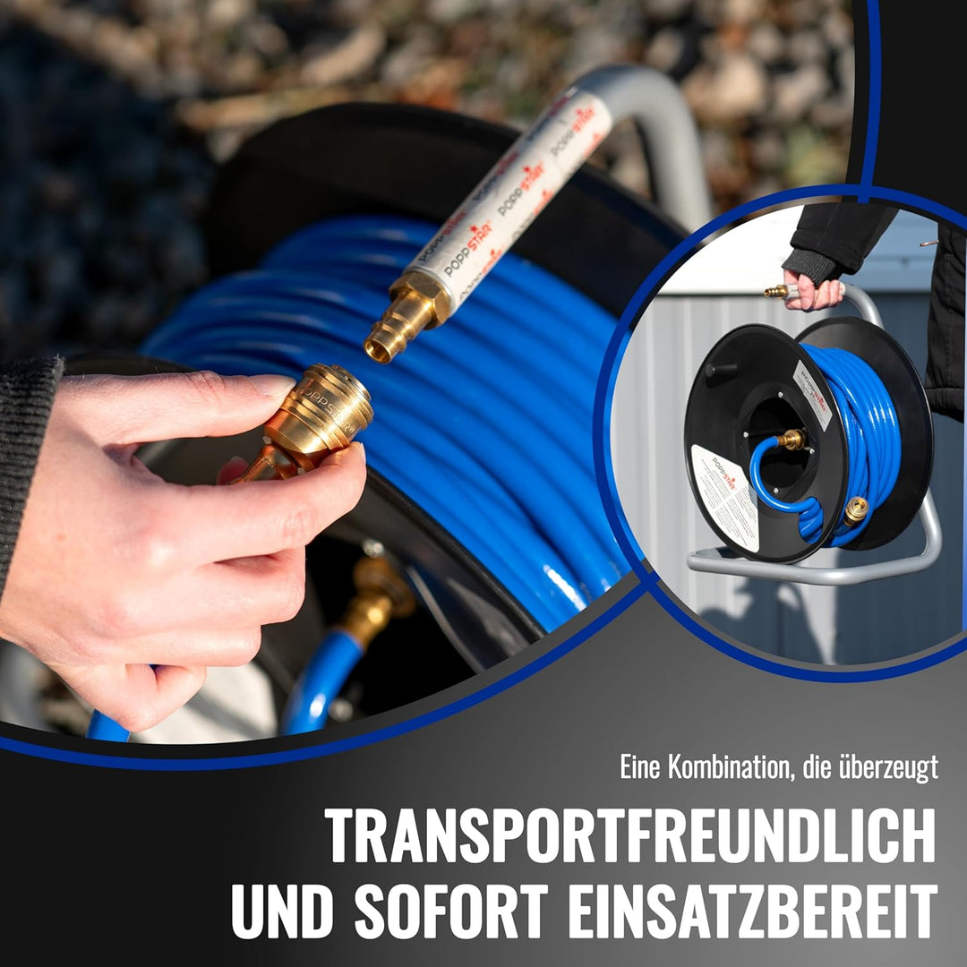 Poppstar Manuelle Druckluftschlauchtrommel aus PVC (20m+1,5m, Durchmesser (6x11,5mm)), Anschlüsse 1/