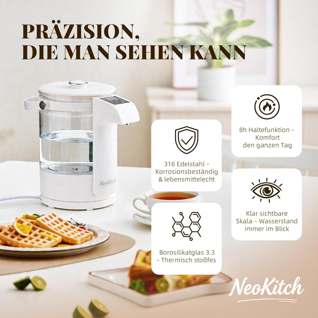 NeoKitchen Glaswasserkocher Temp.-Einst. 40-100°C, 12 Stufen, 2.5L Heisswasserspender, Edelst. 316 &