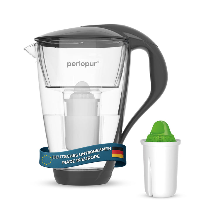 GLAS-Wasserfilter PerloPur (anthrazit) mit 1 Alkaline classic Filterkartusche für basisches Wasser -
