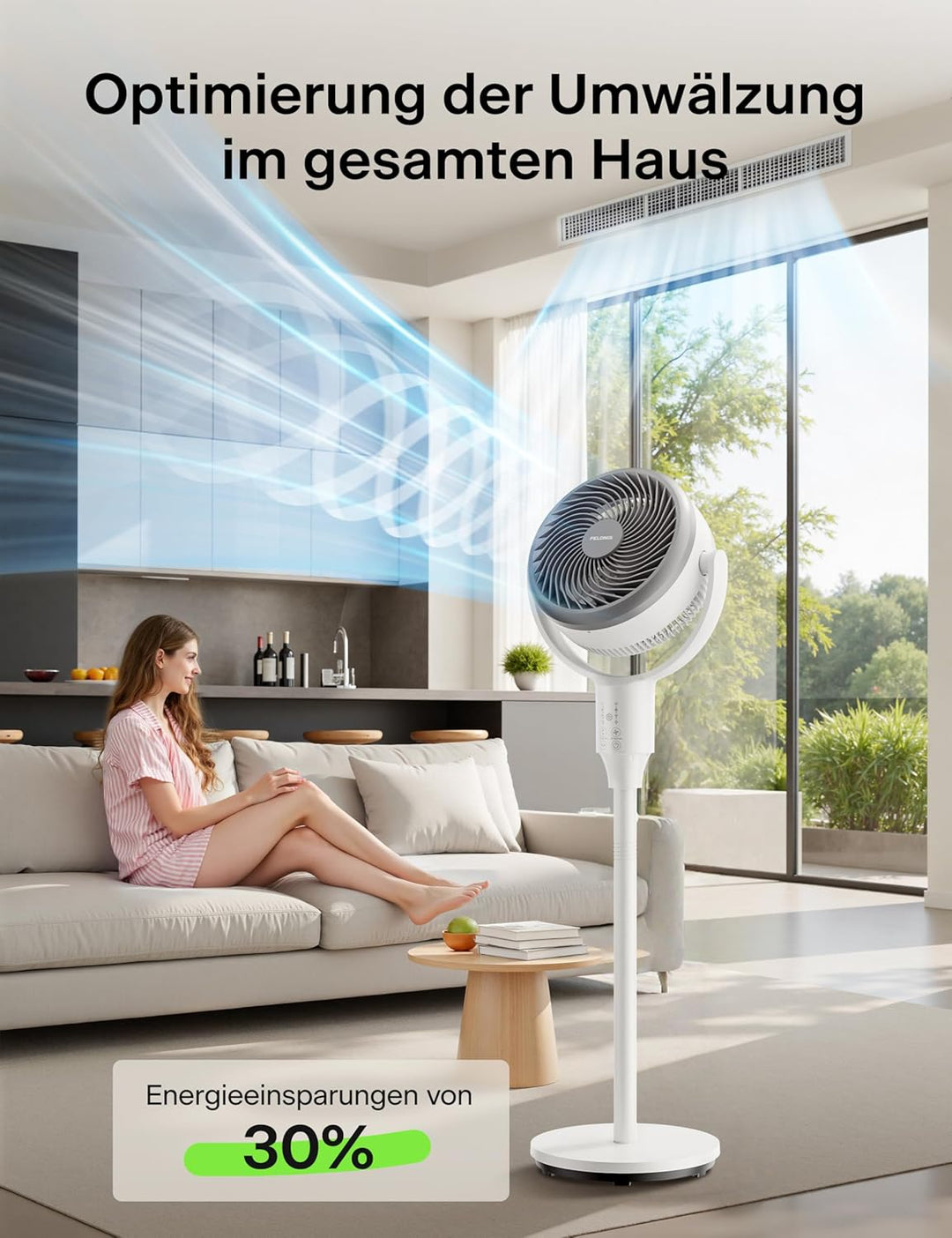 PELONIS Leiser Standventilator, 2-In-1 Standventilator mit Fernbedienung, 1500m³/h Luftvolume Luftzi