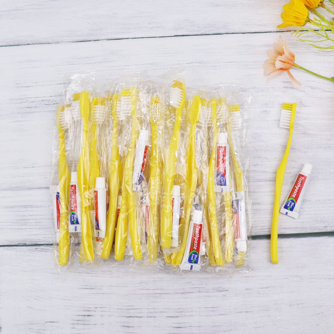 Einmal Zahnbürsten mit Zahnpasta,150 Packungen Gelb Hohl Einwegzahnbürsten mit Zahnpasta Einzeln Ver