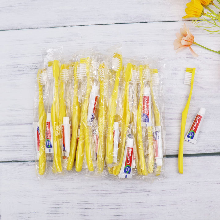 Einmal Zahnbürsten mit Zahnpasta,150 Packungen Gelb Hohl Einwegzahnbürsten mit Zahnpasta Einzeln Ver