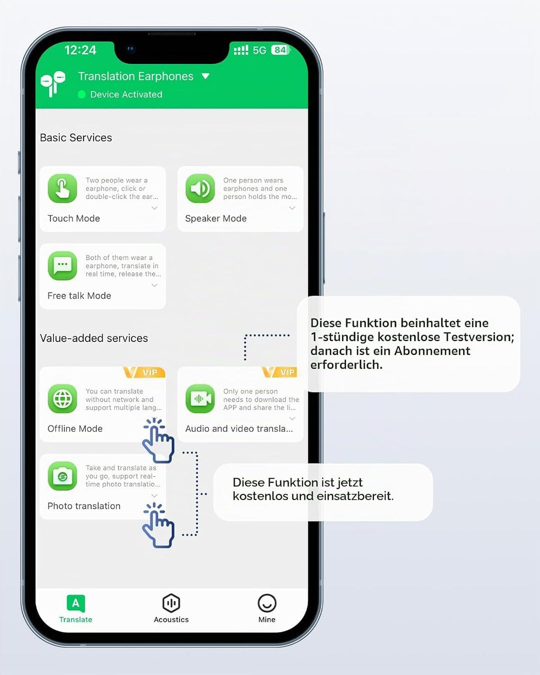 kentfaith KI Übersetzer Ohrhörer Echtzeitübersetzung 150 Sprachen &amp; 16 Offline Sprachen, 6 Modi, Blu