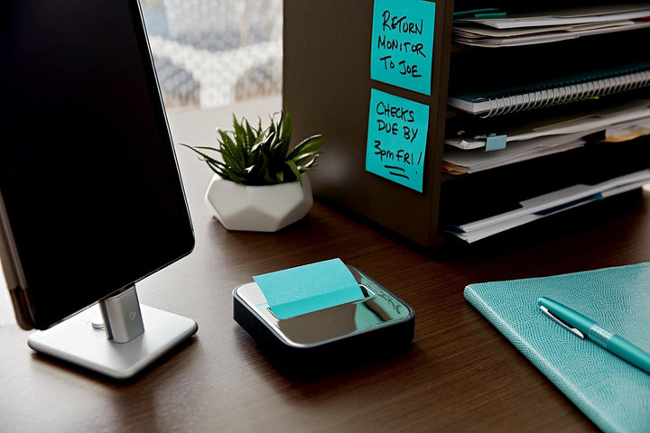 Post-it Notizspender mit Post-it Pop-Up-Notizen, schwarzer Boden mit Stahloberseite, 1 Aqua-Spritzer