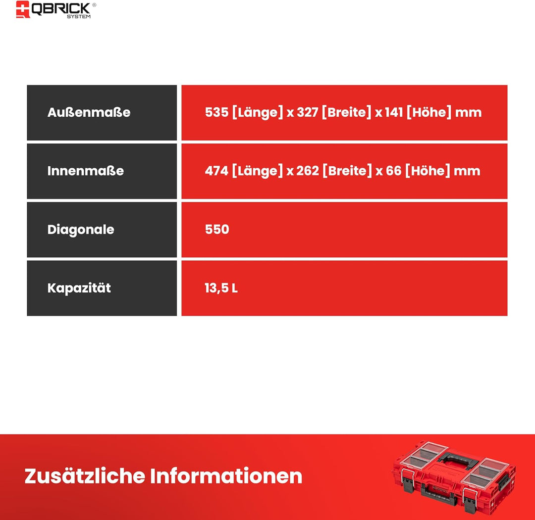 QBRICK SYSTEM Werkzeugkoffer Werkzeugkasten Leer Werkzeugkiste PRIME RED Ultra HD Rot 570 x 340 x 16