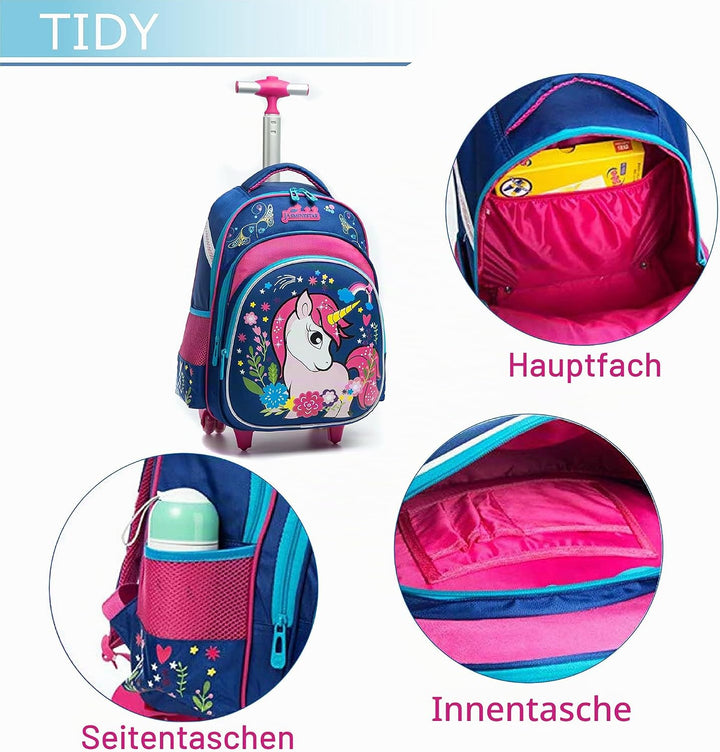 HTgroce Einhorn Schulranzen Rucksack Trolley mit 2 Rollen für Kinder Mädchen,Schulranzen mit Rollen