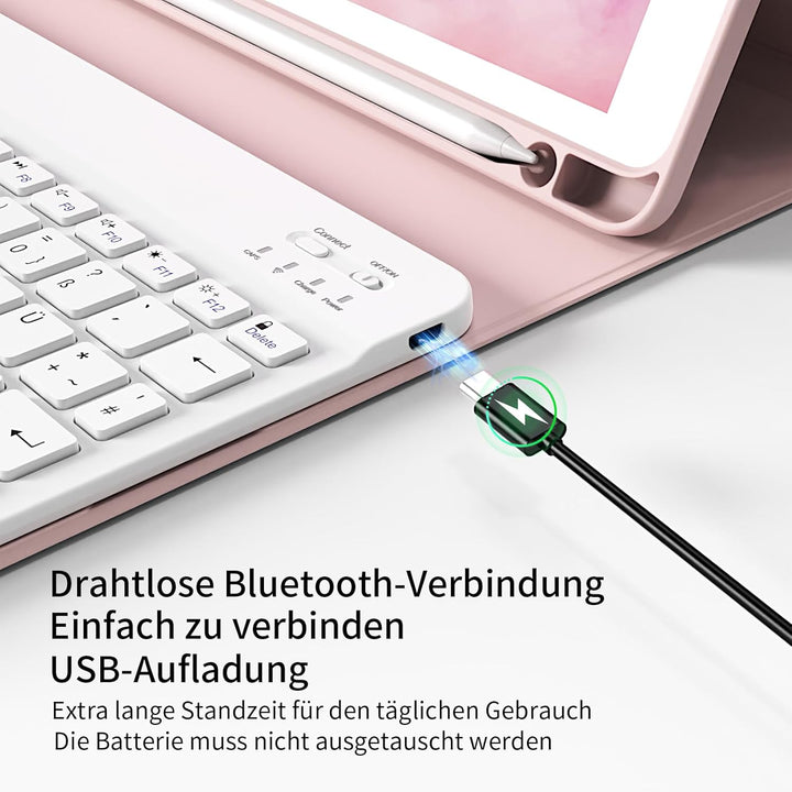 hülle mit Tastatur für iPad 9/8/7 Generation (2021/2020/2019) 10,2 Zoll, weiche TPU-Rückseite mit St