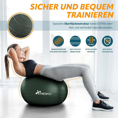 TRESKO® Gymnastikball BPA-Frei inkl. Luftpumpe | Ball für Fitness, Yoga, Gymnastik, Schwangerschaft,