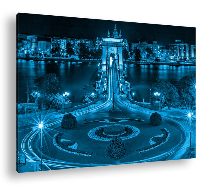 deyoli Kettenbrücke in Budapest bei Nacht Format 80x60 Effekt: Monocrome Blau als Leinwandbild, Moti