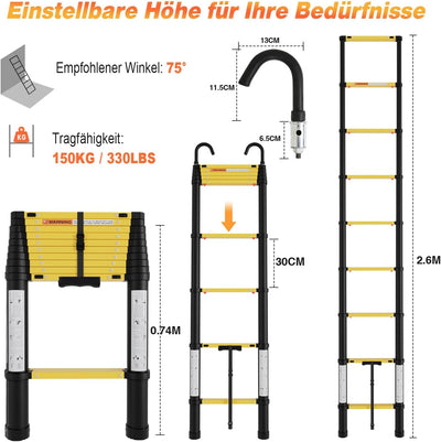 Gimisgu Aluminium Teleskopleiter, 2.6 m Teleskop Klappleiter mit Abnehmbarem Haken, Mehrzweckleiter