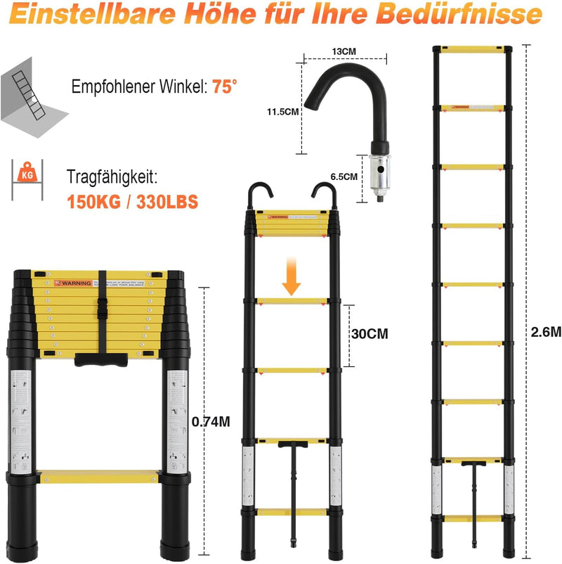 Gimisgu Aluminium Teleskopleiter, 2.6 m Teleskop Klappleiter mit Abnehmbarem Haken, Mehrzweckleiter