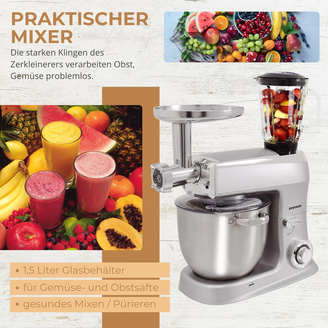 Syntrox Silber Küchenmaschine Wasas Mixen & Zerkleinern 7,5 Liter, Mixer und Fleischwolf in einem, H