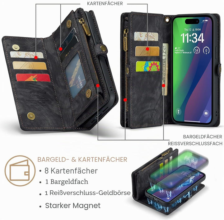 UFinetech für iPhone 15 Hülle, Flip Leder TPU Stossfest Kartenfach Tasche Handyhülle für iPhone 15,