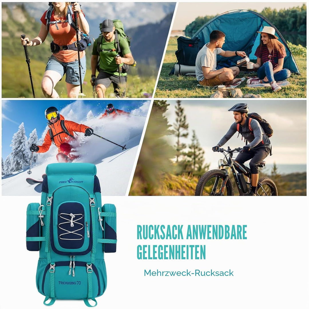 Bseash 70L (65+5) Wasserdichter Wanderrucksack mit Regenschutz, Outdoor-Sport, Reisen, Tagesrucksack