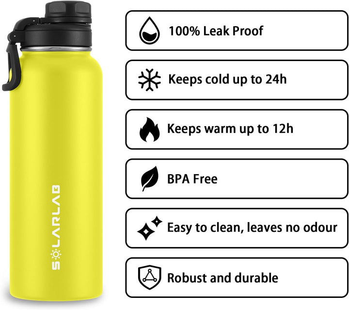 SOLARLAB Trinkflasche edelstahl - Thermoflasche Isolierflasche Thermoskanne 1l für heisse und kalte