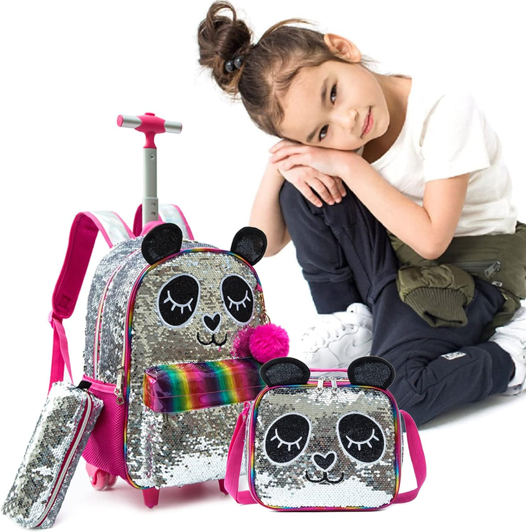 Rucksack Mädchen Schulranzen Trolley Silber Rot Panda Pailletten Trolley Rucksack Schulrucksack Teen