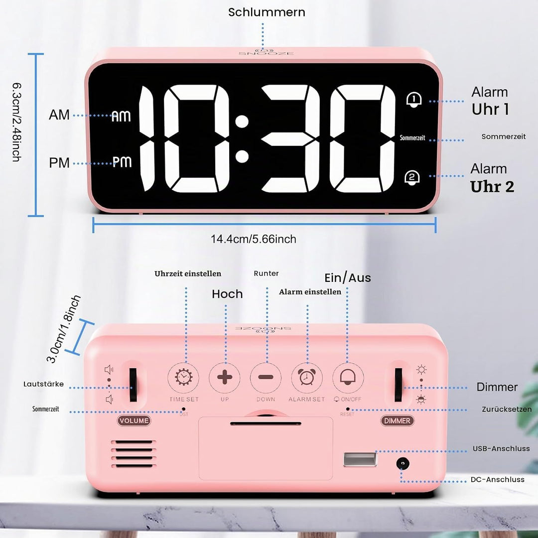 LATEC Wecker Digital, LED Digitaler Wecker mit 2 Alarme Snooze, Digital Uhr mit USB-Ladeanschluss, 0