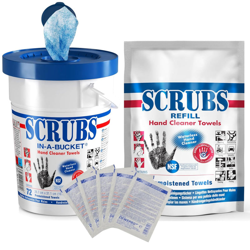 SCRUBS in-a-bucket mit nachhaltigem SCRUBS Refill Nachfüllpack mit je 72 Stück Handreinigungstücher