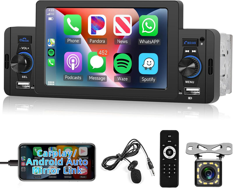 1 Din Bluetooth Android Auto Carplay Autoradio 5 Zoll Touchscreen Radio Freisprecheinrichtung FM-Rad