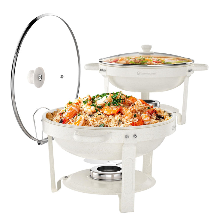 WARMOUNTS Weisse Chafing Dishes Buffet 5L 2er Set, Maifan Stein Beschichtung Rund Speisenwärmer für