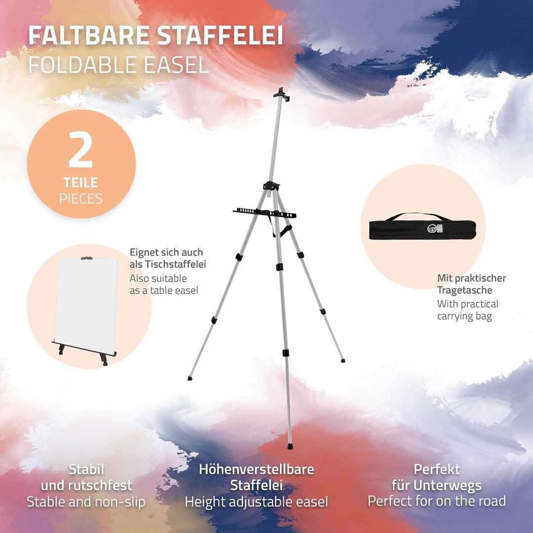ECD Germany Staffelei, Atelierstaffelei aus Aluminium, Silber, Höhenverstellbar von 50-156 cm, Stabi