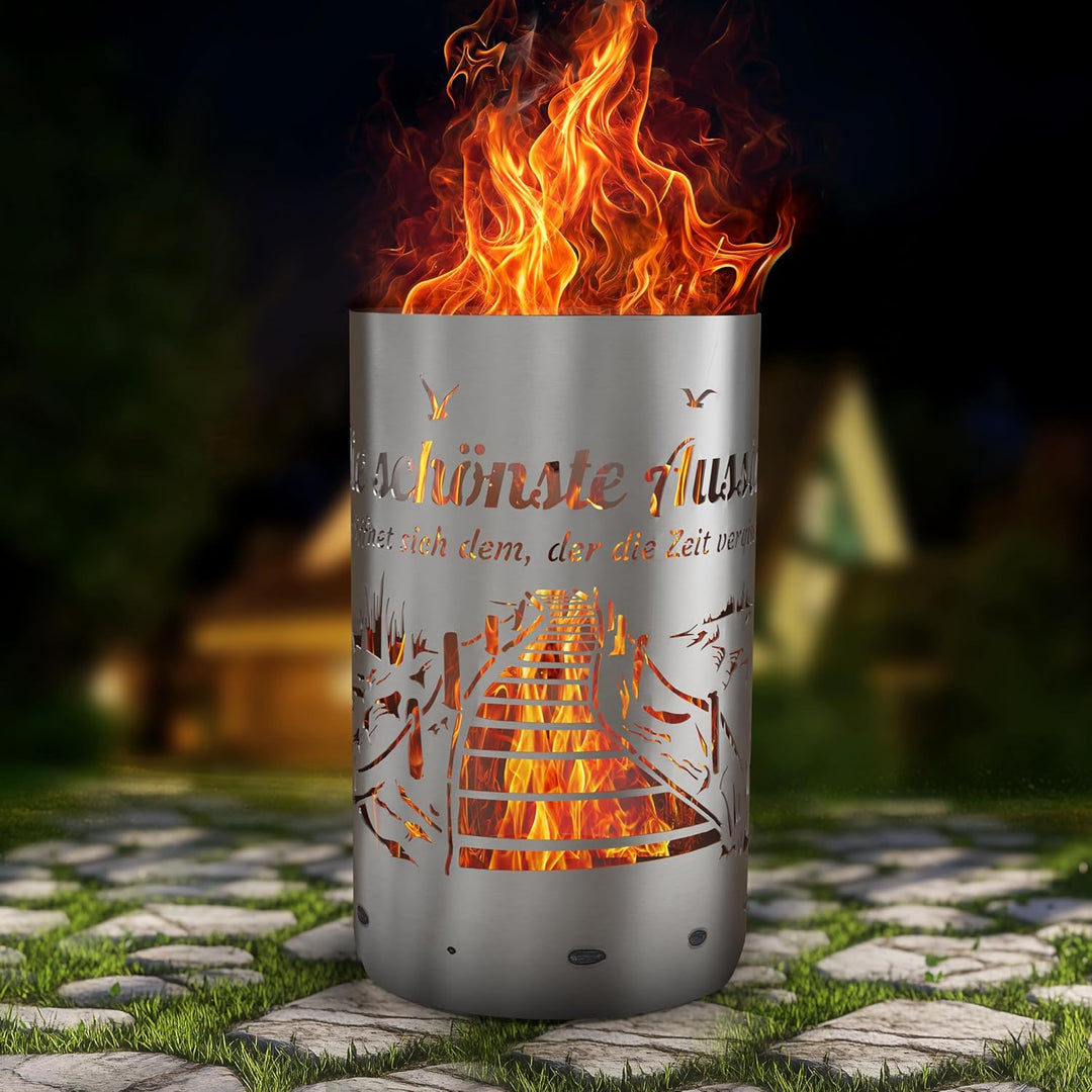 TiKo-Design Feuertonne Strand & Steg Motiv mit Spruch – „Die schönste Aussicht eröffnet Sich dem, de