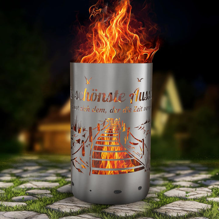TiKo-Design Feuertonne Strand & Steg Motiv mit Spruch – „Die schönste Aussicht eröffnet Sich dem, de