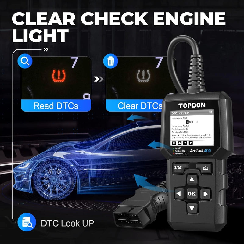 TOPDON AL400 OBD2 Diagnosegerät, 10 OBD2-Funktionen, Motorkontrollleuchte, Smog-Emissionstest, O2-Se