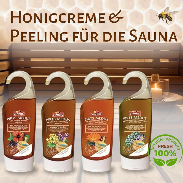 Sauna Honig Sortenmix – 4er Set (Lavendel, Hibiskus, Sanddorn, Rosmarin) – 100% natürlich – Honigcre