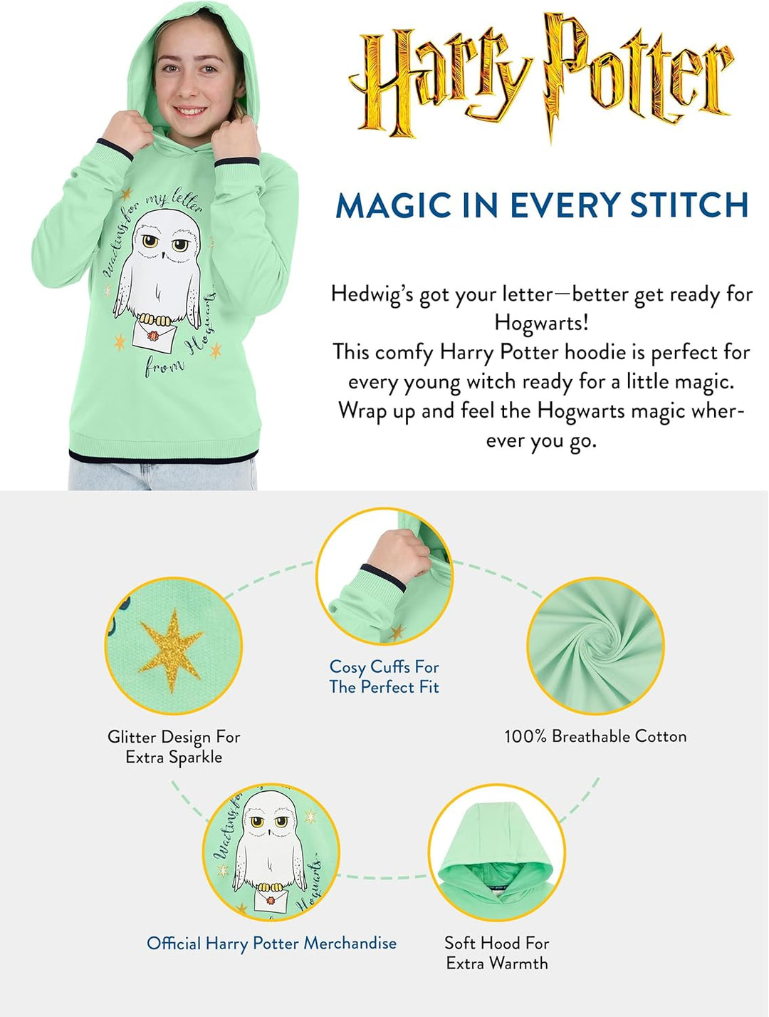 Harry Potter Pullover | Hedwig Hoodie Mädchen | 100% Baumwolle Kinder-Pullover | Hogwarts Pulli 116
