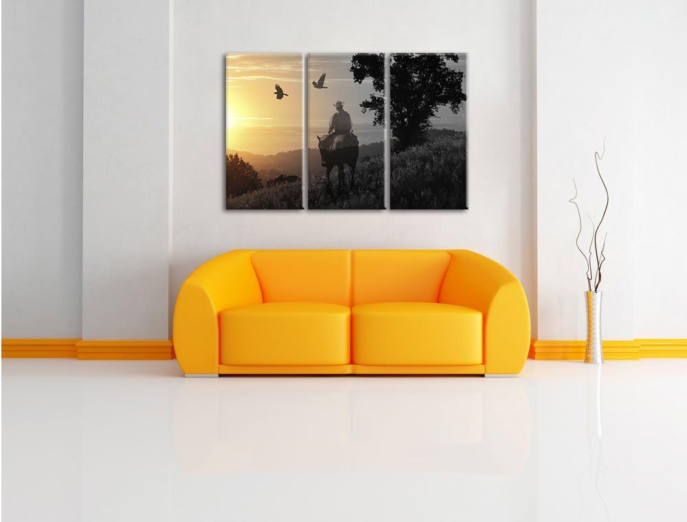 Pixxprint EIN Cowboy im Sonnenuntergang als Leinwandbild | Grösse: 3 Teilig (120x80) | Wandbild| Kun