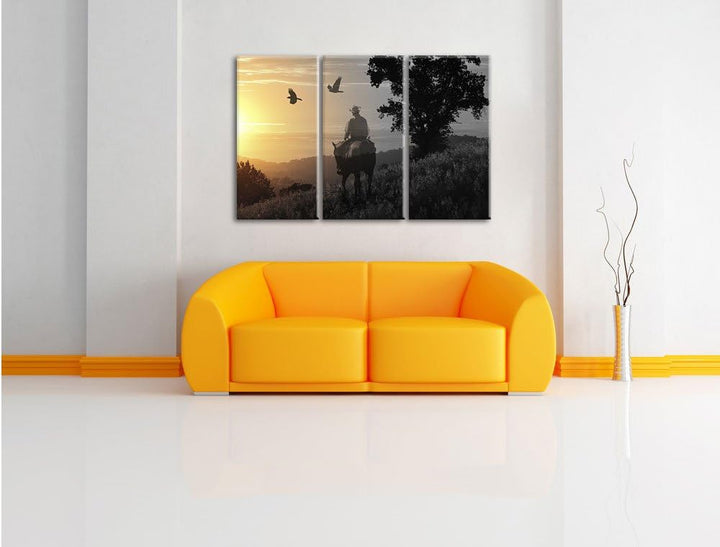 Pixxprint EIN Cowboy im Sonnenuntergang als Leinwandbild | Grösse: 3 Teilig (120x80) | Wandbild| Kun