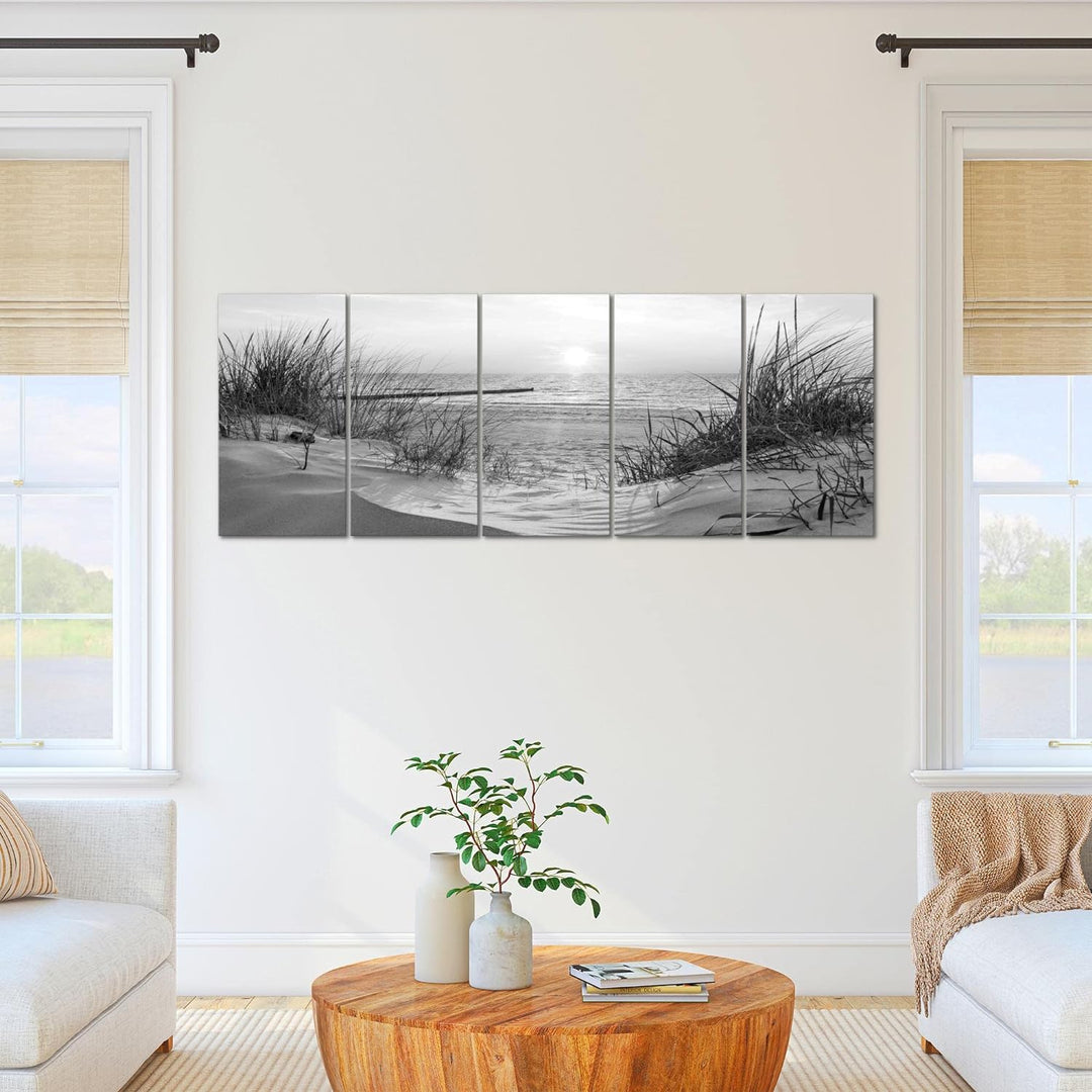 Runa Art Wandbild XXL Strand Sonnenuntergang Schlafzimmer Wohnzimmer 200 x 80 cm Schwarz Weiss 5 Tei