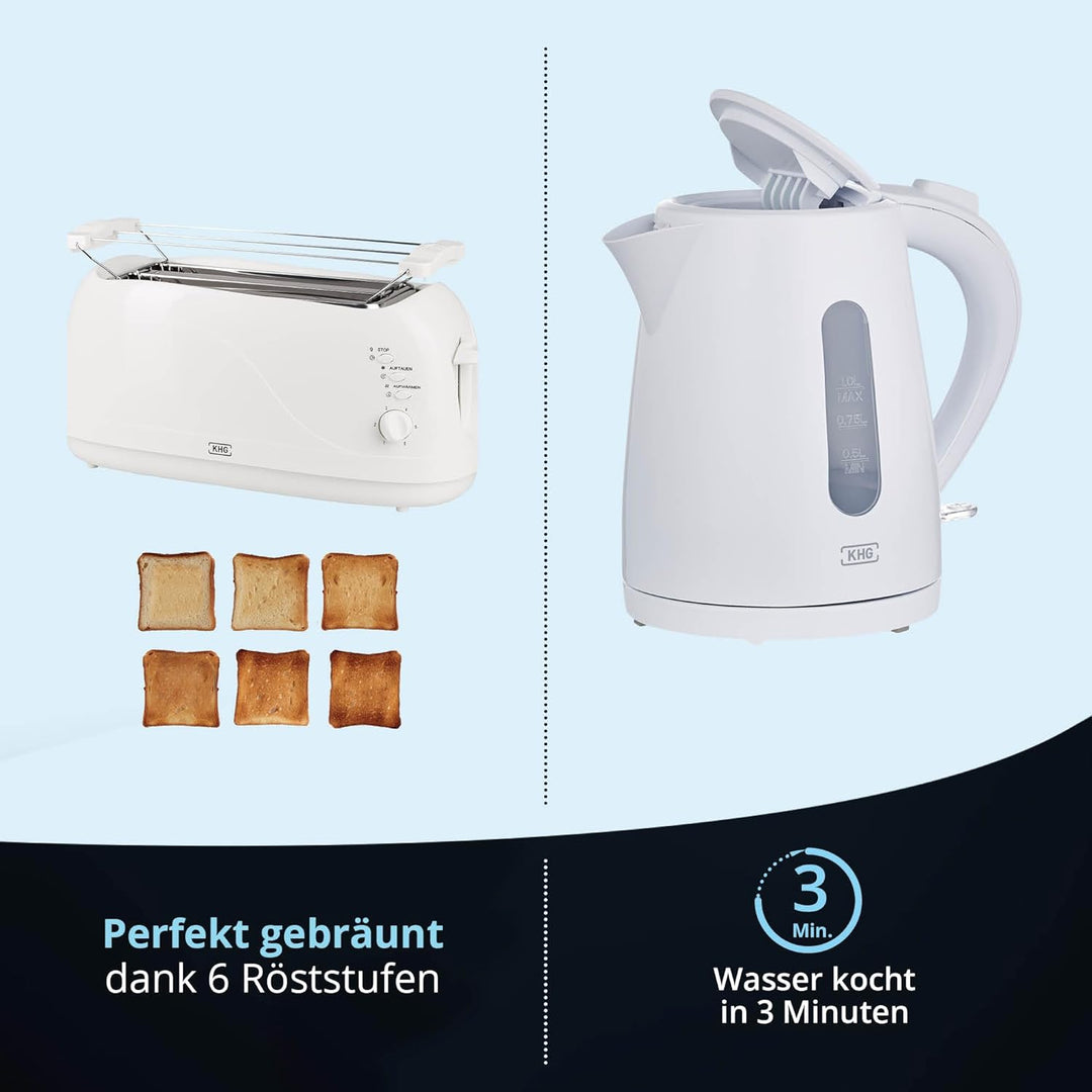 KHG Frühstücksset Weiss| Toaster 4 Scheiben Langschlitztoaster mit Brötchenaufsatz, 6 Bräunungsstufe